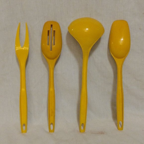 Vtg Foley Yellow Plastic Kitchen Utensils Serving Slotted Ladle Soup Spoon Fork - Picture 2 of 4